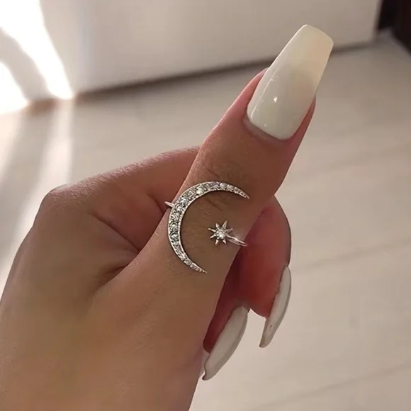 Adjustable Size Cuff Ring Crescent Moon And Star Design Shape Inlaid Rhinestones - Picture 8 of 8